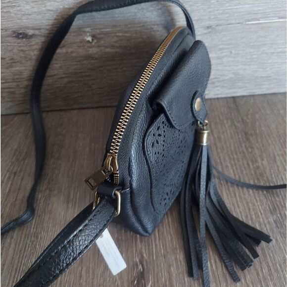 Black Laser Cut Faux Leather Mini Crossbody Bag - Picture 2 of 8